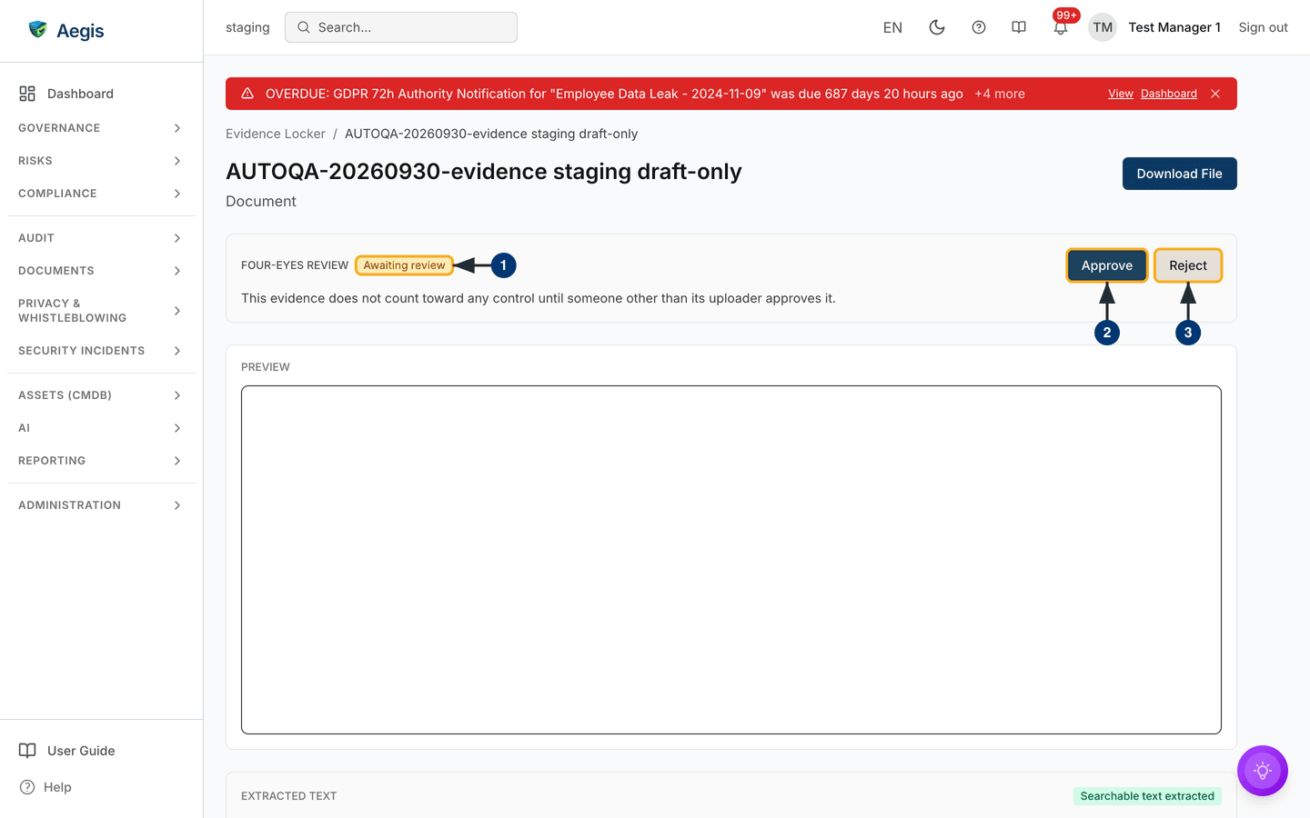 An evidence item awaiting four-eyes review — /evidence/:id.