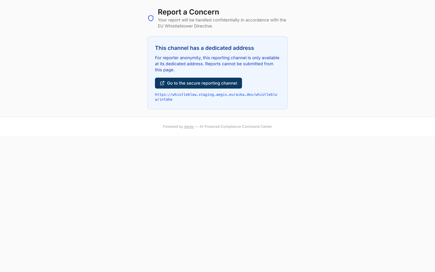 Opened on the main application address, the intake page hides the form and points reporters to the dedicated channel — /whistleblow/intake.